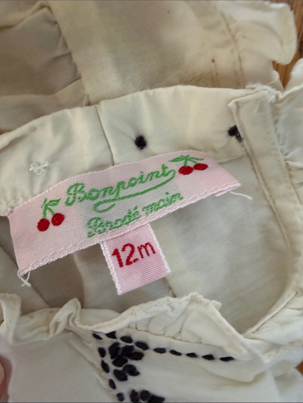 Bonpoint Cream Embroidered Ruffle Neck Girls' Top - Picture 2 of 5